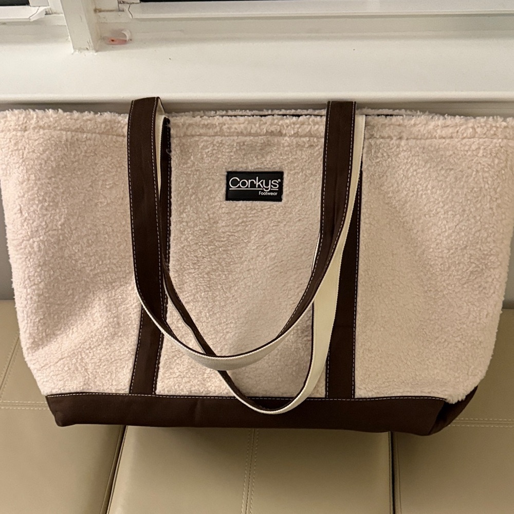Corkys Cream and Brown Sherpa Tote Bag
